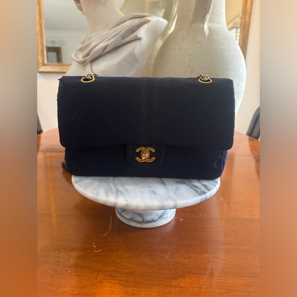 Authentic Chanel Jersey Double Chain Flap  Matelasse Navy - Picture 8 of 16